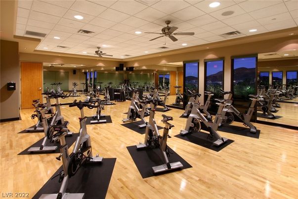 Fitness Equipment, Gym, Interior, Recessed Lighting, Wood Texture Flooring