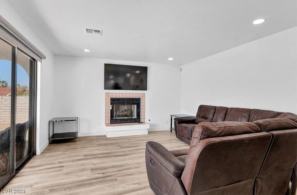 Fireplace, Interior, Living room, Recessed Lighting, Wood Texture Flooring