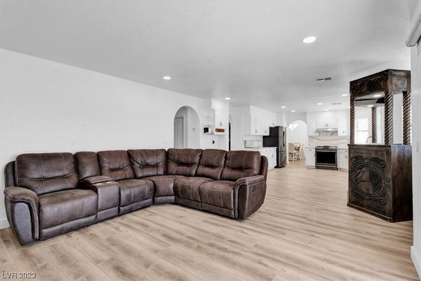 Interior, Kitchen, Living room, Recessed Lighting, Stainless Steel Appliances, Wood Texture Flooring