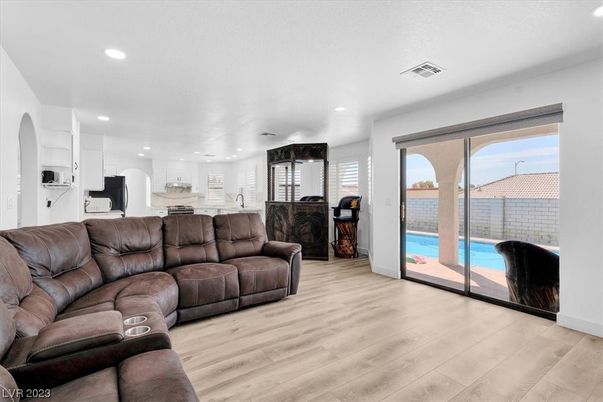 Interior, Kitchen, Living room, Recessed Lighting, Stainless Steel Appliances, Wood Texture Flooring