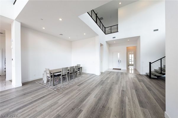 Dining room, Interior, Recessed Lighting, Wood Texture Flooring