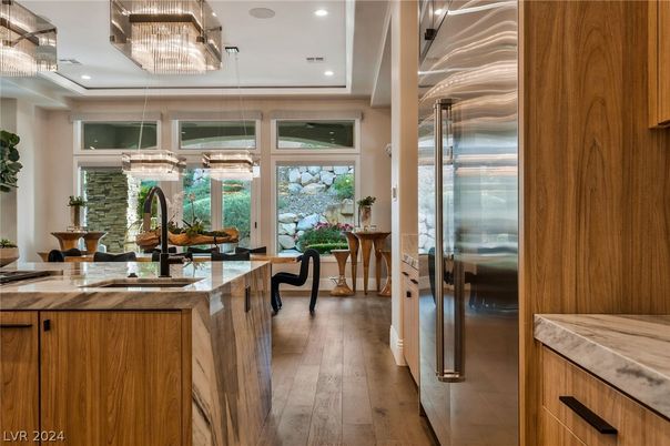Chandelier, Interior, Kitchen, Pendant Lights, Recessed Lighting, Stainless Steel Appliances, Wood Texture Flooring