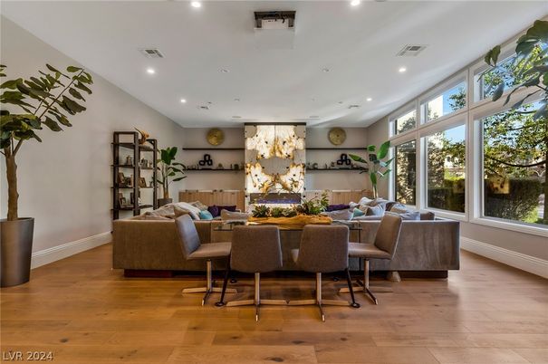 Dining room, Interior, Living room, Recessed Lighting, Wood Texture Flooring