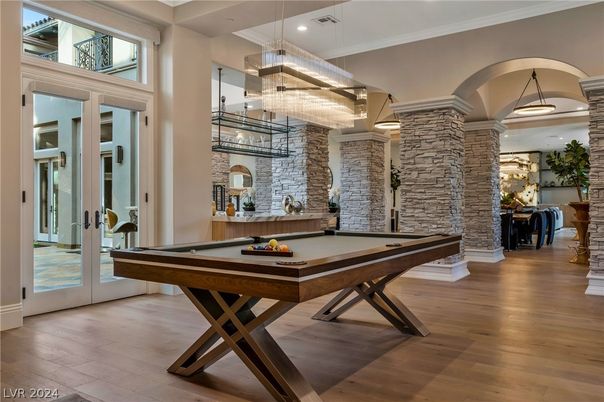 Billiard Table, Game Room, Interior, Pendant Lights, Recessed Lighting, Stone Walls, Wood Texture Flooring