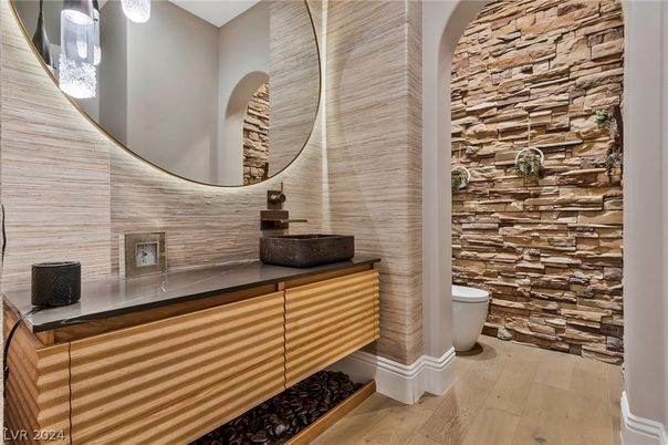 Bathroom, Interior, Stone Walls, Wood Texture Flooring