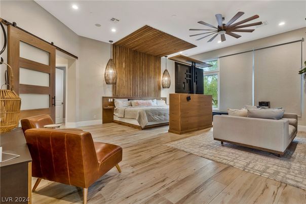 Bedroom, Interior, Living room, Pendant Lights, Recessed Lighting, Wood Texture Flooring
