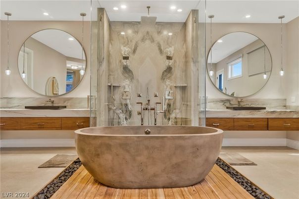 Bathroom, Dual Sink Vanities, Free Standing Baths, Glass Shower, Interior, Pendant Lights, Recessed Lighting