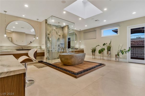 Bathroom, Free Standing Baths, Glass Shower, Interior, Recessed Lighting