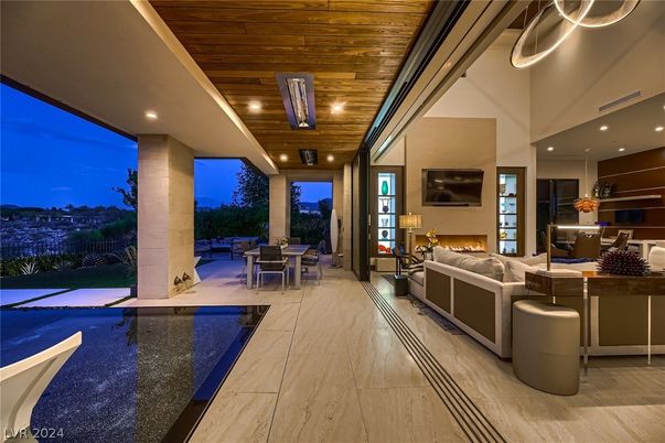 Exterior, Fireplace, Living room, Pool, Recessed Lighting, Wooden Ceilings