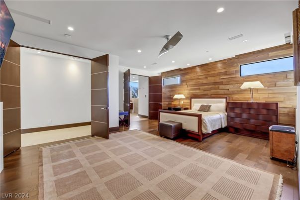 Bedroom, Interior, Recessed Lighting, Wood Texture Flooring, Wooden Walls