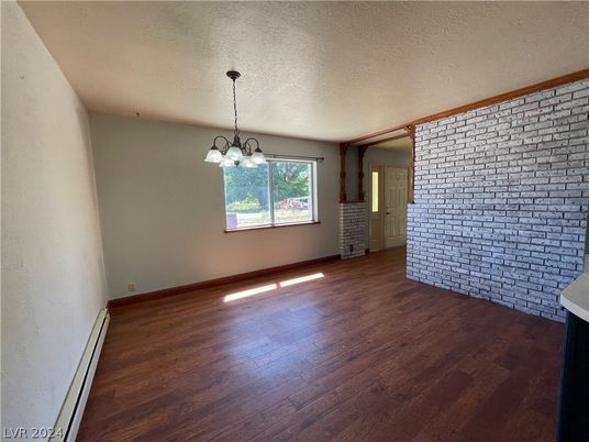 Chandelier, Empty room, Interior, Stone Walls, Wood Texture Flooring