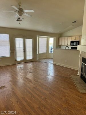 Empty room, Fireplace, Interior, Kitchen, Wood Texture Flooring