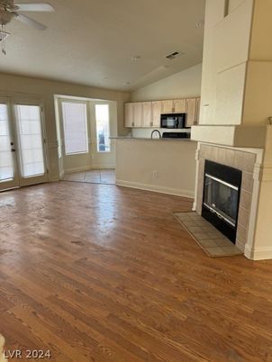 Empty room, Fireplace, Interior, Kitchen, Wood Texture Flooring