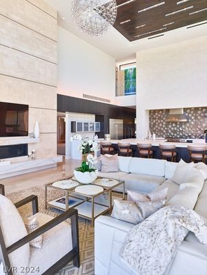 Dining room, Fireplace, Interior, Living room, Recessed Lighting, Wooden Ceilings