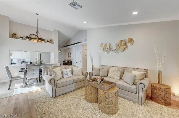 Dining room, Interior, Living room, Pendant Lights, Recessed Lighting, Wood Texture Flooring
