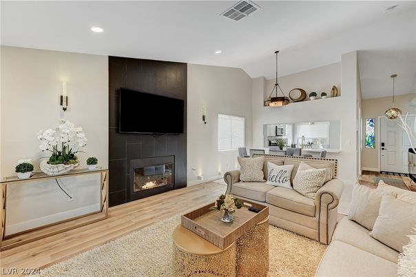 Fireplace, Interior, Kitchen, Living room, Pendant Lights, Recessed Lighting, Wood Texture Flooring