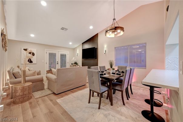Dining room, Interior, Living room, Pendant Lights, Recessed Lighting, Wood Texture Flooring