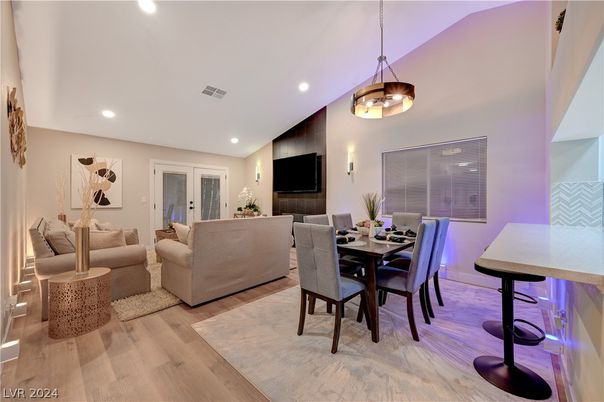 Dining room, Interior, Living room, Pendant Lights, Recessed Lighting, Wood Texture Flooring