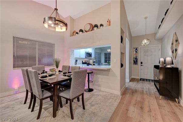 Dining room, Interior, Kitchen, Pendant Lights, Wood Texture Flooring