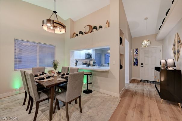 Dining room, Interior, Pendant Lights, Wood Texture Flooring