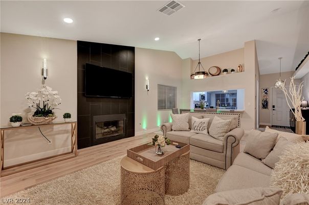 Fireplace, Interior, Living room, Pendant Lights, Recessed Lighting, Wood Texture Flooring