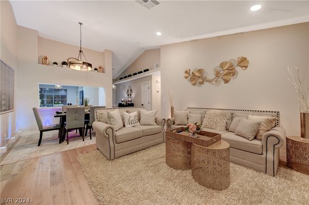 Dining room, Interior, Living room, Pendant Lights, Recessed Lighting, Wood Texture Flooring