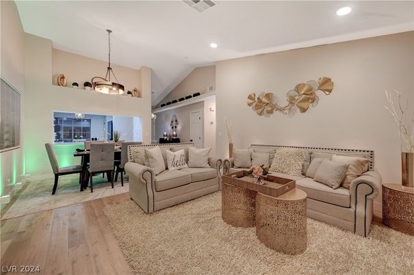 Dining room, Interior, Living room, Pendant Lights, Recessed Lighting, Wood Texture Flooring