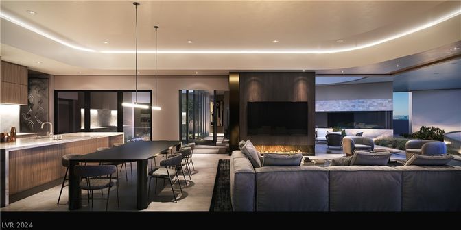 Dining room, Fireplace, Interior, Kitchen, Living room, Pendant Lights, Recessed Lighting