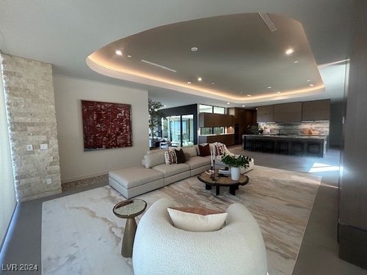 Interior, Kitchen, Living room, Recessed Lighting, Stainless Steel Appliances, Stone Walls