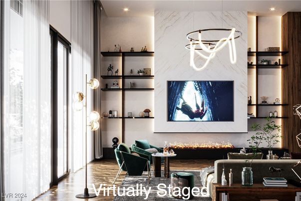 Fireplace, Interior, Living room, Marble Walls, Pendant Lights, Recessed Lighting, Wood Texture Flooring