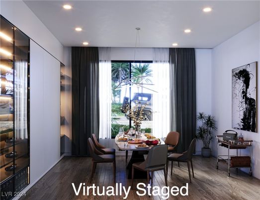 Dining room, Interior, Pendant Lights, Recessed Lighting, Wood Texture Flooring
