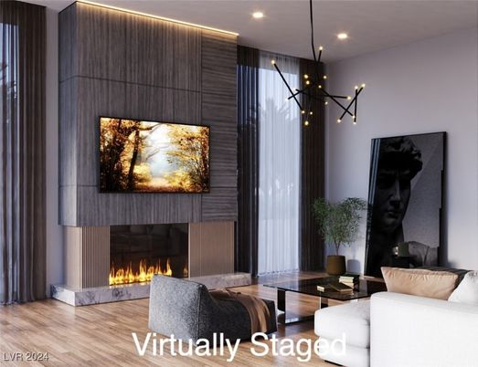 Fireplace, Interior, Living room, Pendant Lights, Recessed Lighting, Wood Texture Flooring