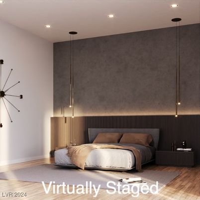 Bedroom, Interior, Pendant Lights, Recessed Lighting, Wood Texture Flooring