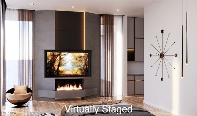 Fireplace, Interior, Living room, Recessed Lighting, Wood Texture Flooring