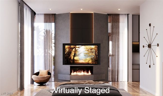 Fireplace, Interior, Recessed Lighting, Wood Texture Flooring