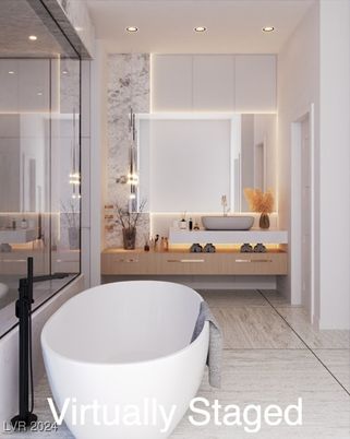Bathroom, Dual Sink Vanities, Free Standing Baths, Glass Shower, Interior, Marble Walls, Recessed Lighting