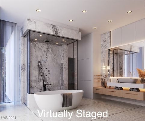 Bathroom, Free Standing Baths, Glass Shower, Interior, Marble Walls, Recessed Lighting