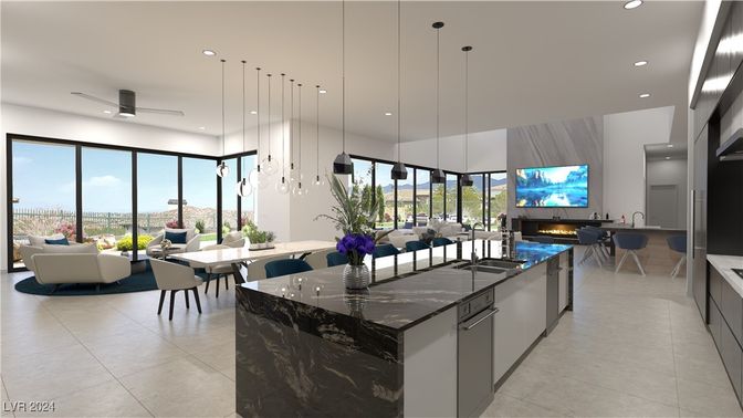 Dining room, Fireplace, Interior, Kitchen, Living room, Pendant Lights, Recessed Lighting