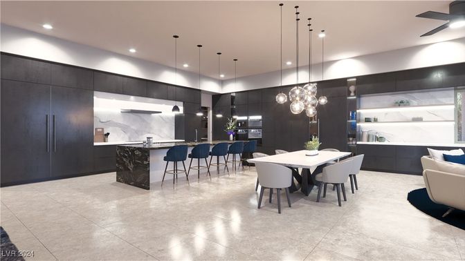 Dining room, Interior, Kitchen, Marble Walls, Pendant Lights, Recessed Lighting, Stainless Steel Appliances