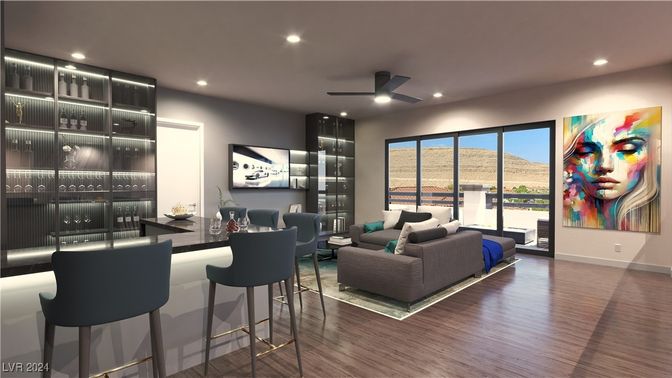Dining room, Interior, Living room, Recessed Lighting, Wood Texture Flooring