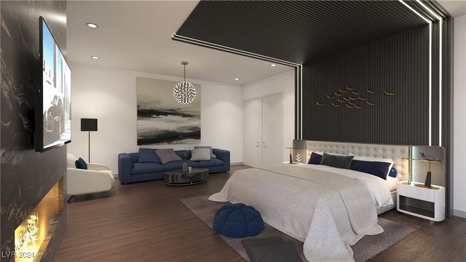 Bedroom, Chandelier, Interior, Recessed Lighting, Wood Texture Flooring