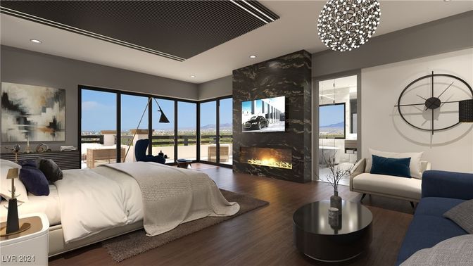 Bedroom, Fireplace, Interior, Pendant Lights, Recessed Lighting, Wood Texture Flooring