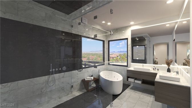 Bathroom, Dual Sink Vanities, Free Standing Baths, Glass Shower, Interior, Marble Walls, Recessed Lighting