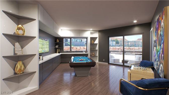 Billiard Table, Game Room, Interior, Recessed Lighting, Wood Texture Flooring
