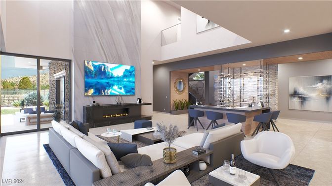 Dining room, Fireplace, Interior, Living room, Recessed Lighting