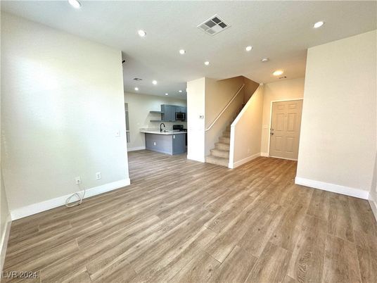 Empty room, Interior, Kitchen, Recessed Lighting, Wood Texture Flooring