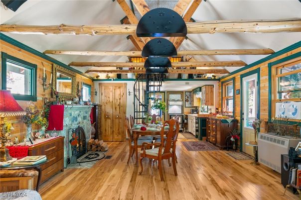 Dining room, Fireplace, Interior, Wooden Beams, Wood Texture Flooring