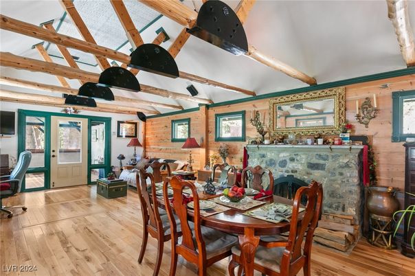 Dining room, Fireplace, Interior, Wooden Beams, Wood Texture Flooring