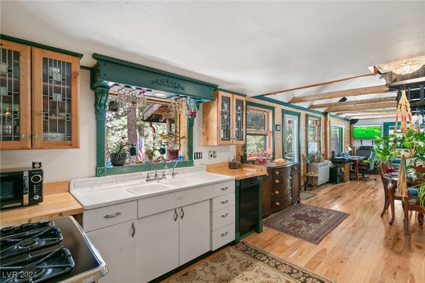 Interior, Kitchen, Tile Countertops, Wood Texture Flooring