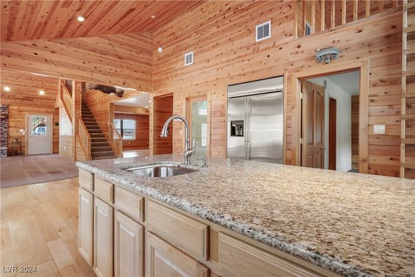 Interior, Kitchen, Recessed Lighting, Stainless Steel Appliances, Wooden Beams, Wooden Ceilings, Wood Texture Flooring, Wooden Walls